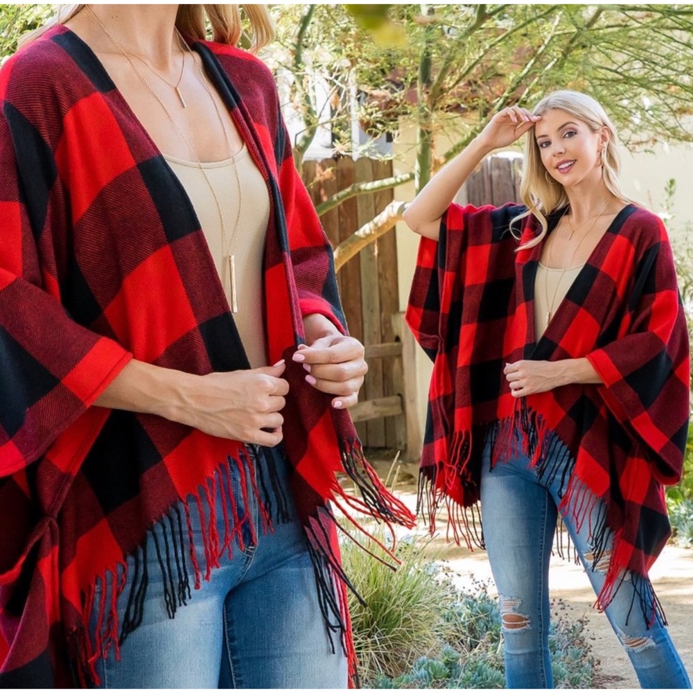 2 LEFT! Buffalo Plaid Print Front Fringe Gorgeos Drape Over Fall Winter Kimono - Picture 3 of 4